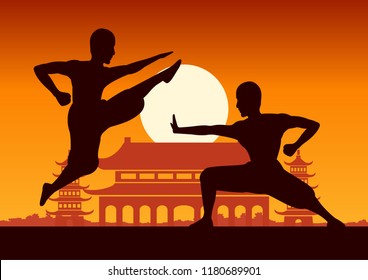 Chinese Boxing Kung Fu martial art famous sport,two boxer fight together around with Chinese temple,sunset silhouette design