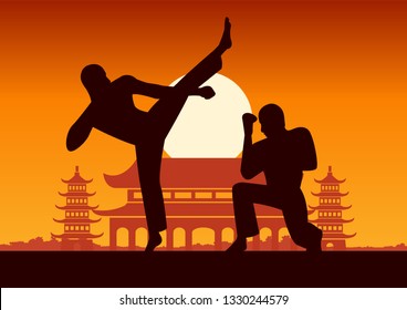 Chinese Boxing Kung Fu martial art famous sport,two boxer fight together around with Chinese temple,sunset silhouette design