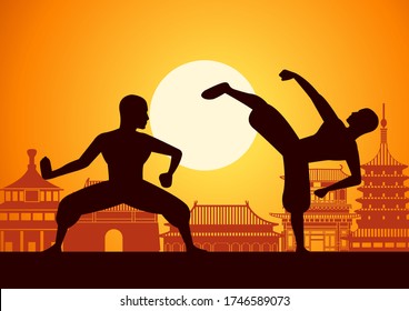 Chinese Boxing Kung Fu martial art famous sport,two boxer fight together around with china landmarks,sunset silhouette design