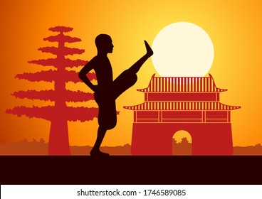 Chinese Boxing Kung Fu martial art famous sport,monk Train to fight,around with China landmarks,sunset silhouette design
