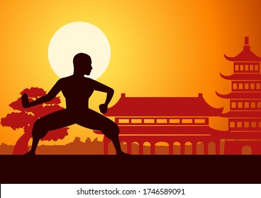 Boxeo chino Kung Fu arte marcial famoso deporte, tren monje para luchar, alrededor de China monumentos, diseño de silueta al atardecer