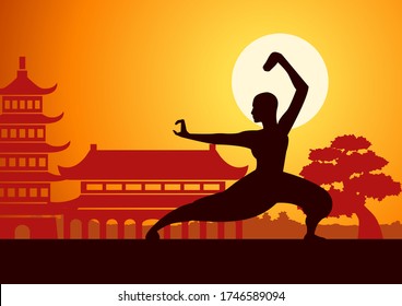 Chinese Boxing Kung Fu martial art famous sport,monk Train to fight,around with China landmarks,sunset silhouette design