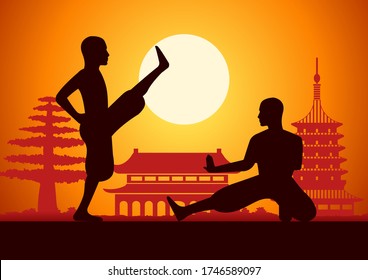 Chinese Boxing Kung Fu martial art famous sport,two boxer fight together around with china landmarks,sunset silhouette design