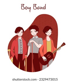 Chinese boy band. Asian pop group of singers, performimg on stage together. Popular musicians world tour. Flat vector illustration