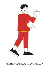 Chinese boy child in traditional tang suit clapping excited 2D cartoon character. Asian cute kid in oriental costume isolated person flat vector on white background. Spot illustration colorful