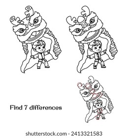 Chinese boy dances with a dragon. Find 7 differences. Tasks for children. vector illustration