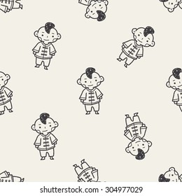 Chinese boy doodle seamless pattern background