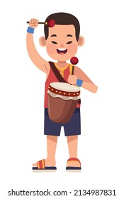 chinese boy with drum on white background