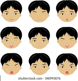 Chinese boy emotions: joy, surprise, fear, sadness, sorrow, crying, laughing, cunning wink. Vector cartoon illustration