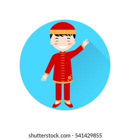 Chinese Boy flat icon on the blue circle with long shadow. Vector illustration. For web and mobile, modern minimalist flat design. Chinese new year design elements.
