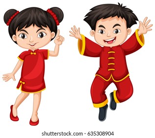 Chinese boy and girl in red dress illustration