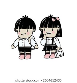 Chinese boy and girl schoolchildren and school supplies isolated cartoon style. Vector