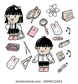 Chinese boy and girl schoolchildren and school supplies isolated cartoon style. Vector