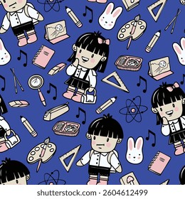 Chinese boy and girl schoolchildren and school supplies in cartoon style. Vector