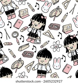 Chinese boy and girl schoolchildren and school supplies in cartoon style. Vector