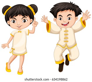 Chinese boy and girl in traditional costume illustration