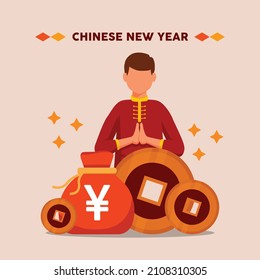 Chinese boy  giving wishes Chinese new year 2022 year of the tiger with set CNY. Go Xi Fa Cai. Vector illustration