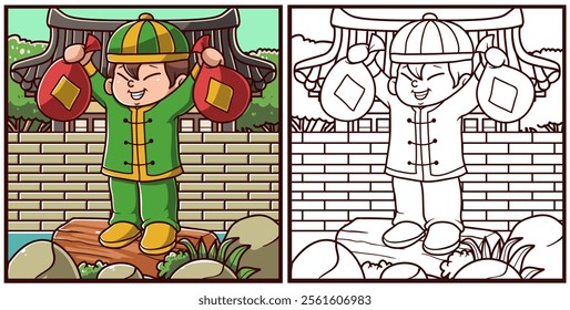 Chinese boy handles bundle of coins coloring page vector illustration