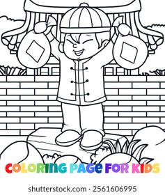 Chinese boy handles bundle of coins outline coloring page vector illustration