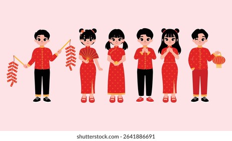 Chinese boy hold Chinese lantern, happy girl with cheongsam dress hold folding gan, cute girl character hold Chinese gold, Asian young man and woman fist and palm salute to greeting, boy hold lantern