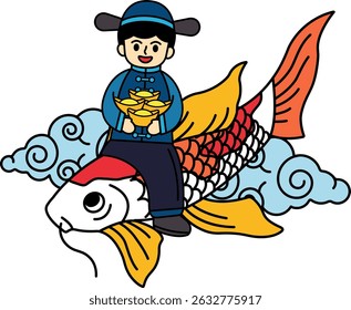 Chinese boy holding ancient chinese money riding a koi fish
