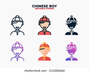 Chinese Boy icon set with different styles. Icons designed in filled, outline, flat, glyph and line colored. Editable stroke and pixel perfect. Can be used for web, mobile, ui and more.