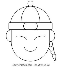 Chinese boy icon in thin line style icon. Chinese boy head dressed in traditional hat and hair queue vector illustration