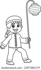 Chinese Boy with Lantern Isolated Coloring Page 