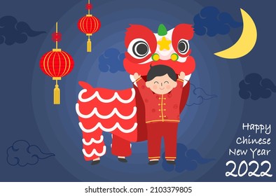Chinese boy and lion dance to celebrate Chinese New Year festival 2022, lion dancing flat design vector for printing, cute boy celebrates Asia festival new year, flat design of red lion dancing.