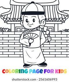 Chinese boy outline coloring page vector illustration