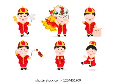 Chinese boy, people cute characters cartoon mascot, Chinese New Year, lion dance, firecracker, kung fu, pig and aerialist festive holiday vector illustration