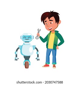 chinese boy repair robot at home cartoon vector. chinese boy repair robot at home character. isolated flat cartoon illustration