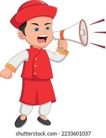 Chinese boy screaming with a megaphone