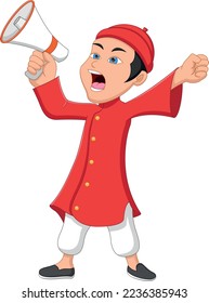 Chinese boy screaming with a megaphone