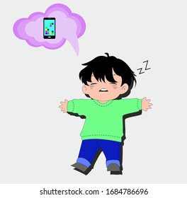 Chinese boy sleeps and dreams about playing games on the phone. The illustration is drawn in anime style.
