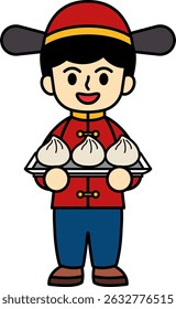 chinese boy in traditional clothing holding a steamed buns