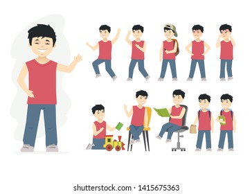 Chinese boy - vector cartoon people character set isolated on white background. A kid showing different emotions, happy or sad, playing with toys, reading books, going to school, sitting and standing