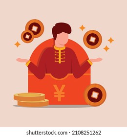 Chinese boy is very happy gets gold coin money at his present called Ang Pao, it is the money in red packet from lunar New Year. Gift for lunar New Year. Vector colorful illustration.