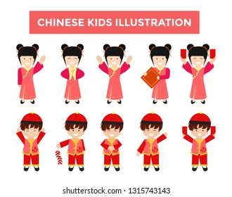 Chinese boys and girls in red outfit illustration. Set of Cartoon chinese children - Vector