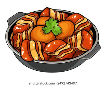 Chinese braised pork belly and egg (Lou Bak,Tau Yu Bak) Japanese braised pork belly (Kakuni) illustration vector.  Thai braised pork belly and egg (Kai Palo) Chinese braised pork belly (Hong Shao Rou)