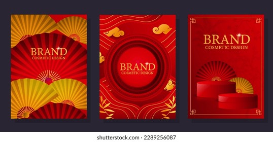 Chinese brand banners set. Collection of posters or banners for website. Fans and podiums for products. Asian traditions and culture. Cartoon flat vector illustrations isolated on black background