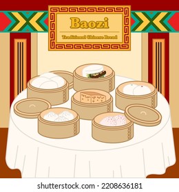 Chinese Bread Bao with bamboo steamer in Chinese Restaurant
