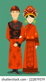 Chinese Bride and Groom Wedding Celebration, vector illustration cartoon.