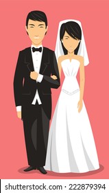 Chinese Bride and Groom Wedding Clothing, with groom in suit and bride in white dress vector illustration cartoon.