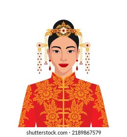 Chinese bride in traditional wedding dress. Vector illustration