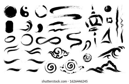 Chinese brush elements set. Dry paint line art and symbol. Cloud and water wave. 