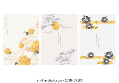 Chinese brush stroke template with gold texture vector. Peony flower and hand drawn wave pattern in oriental style. Abstract art  illustration.