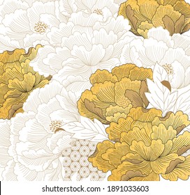 Chinese brush stroke template with gold texture vector. Peony flower and geometric pattern in vintage style. Abstract art  illustration.