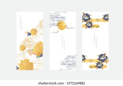 Chinese brush stroke template with gold texture vector. Peony flower and hand drawn wave pattern in vintage style. Abstract art  illustration.