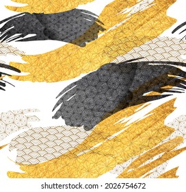 Chinese brush stroke template with gold and black texture vector. Geometric pattern with Abstract art  illustration in vintage style.